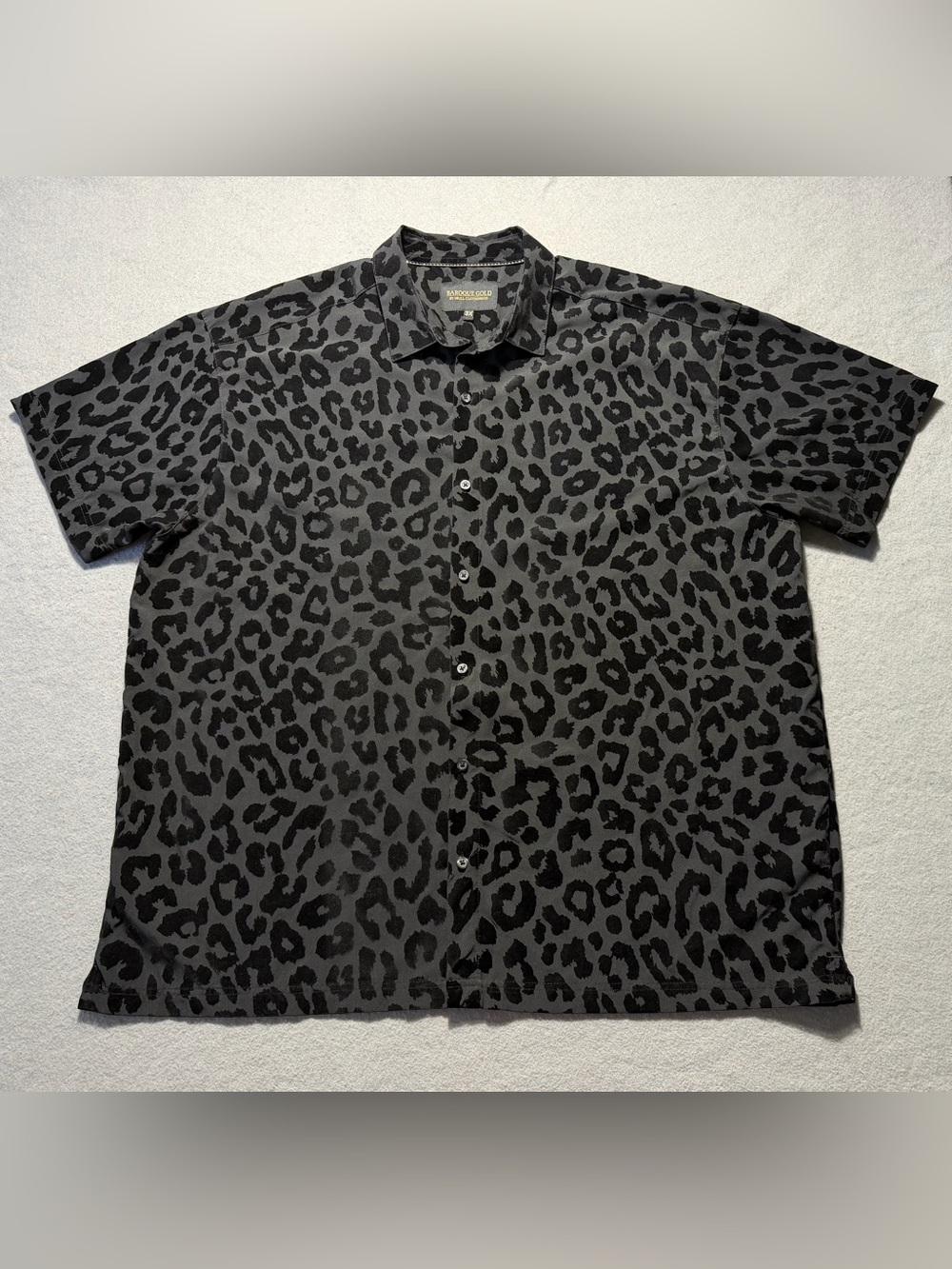 Baroque Gold Animal Print Button Down Shirt Men’s 3XL Gray Black Short Sleeve
